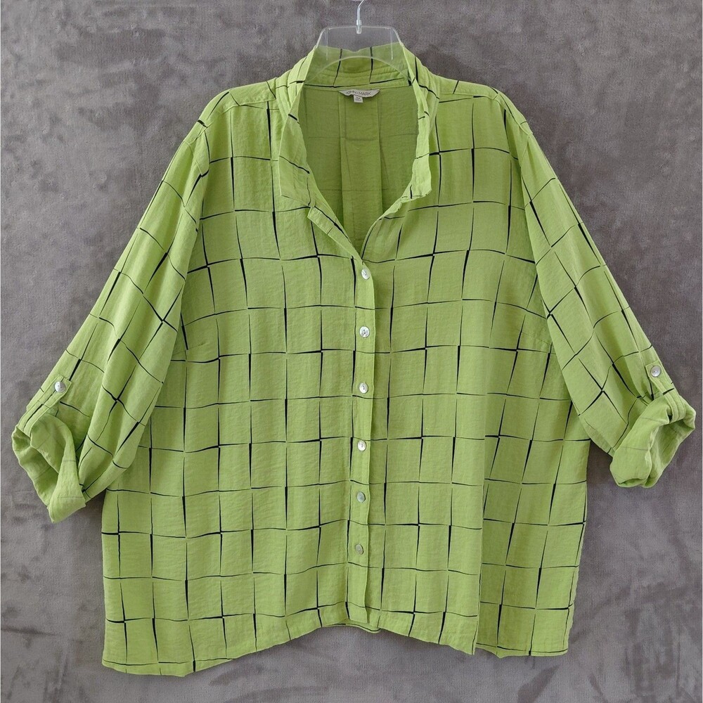 John Mark Block Print Tunic Women's 3X Green Wire Neck Collar Roll Tab Oversized